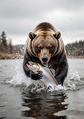 Bear catches fish in river