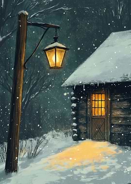 Cozy Cabin in a Snowy Night