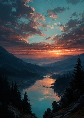 Sunset Over Mountain Lake