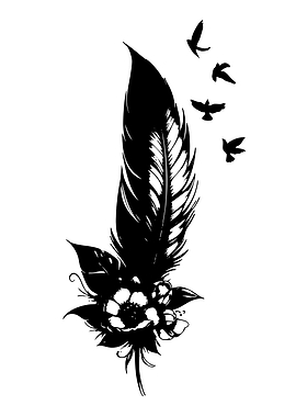 Black Feather with Flowers and Birds