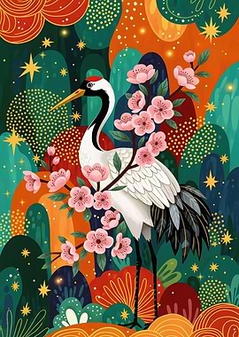 Crane with Cherry Blossoms