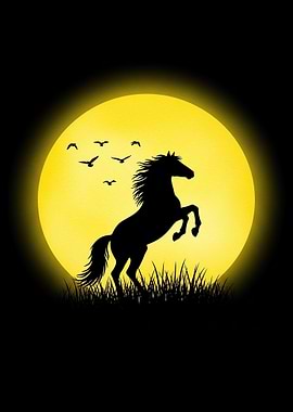 Silhouette of a horse rearing up against a full moon