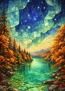 Stained Glass Autumn Lake at Night