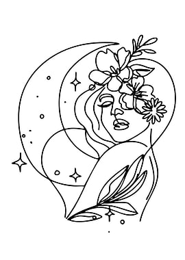 Woman with Flowers and Moon Line Art