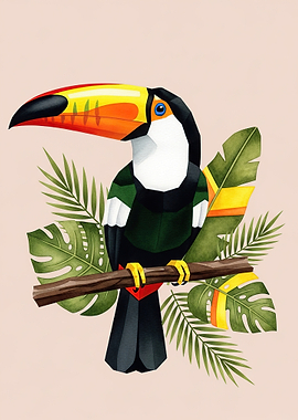 Toucan on a Branch with Tropical Leaves