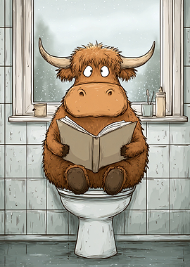 Highland Cow Reading on Toilet