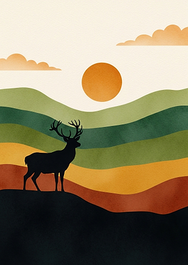 Deer Silhouette on Rolling Hills at Sunset
