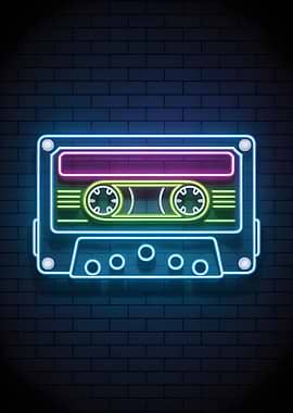 Neon Cassette Tape on Brick Wall