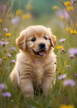 Golden Retriever Puppy in Flowers