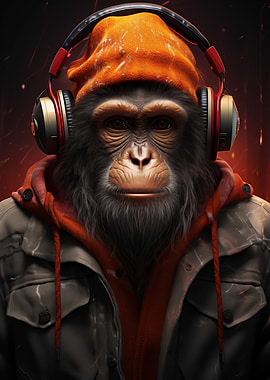 Chimpanzee wearing headphones and jacket