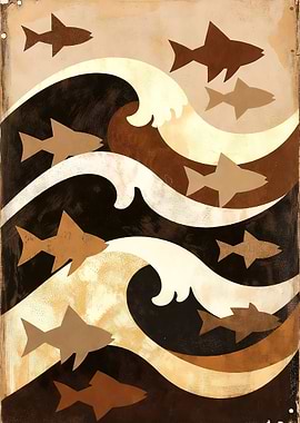 Fish swimming through stylized waves