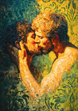 Two Men Kissing Impasto Painting