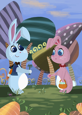 Two cute bunnies in a whimsical garden
