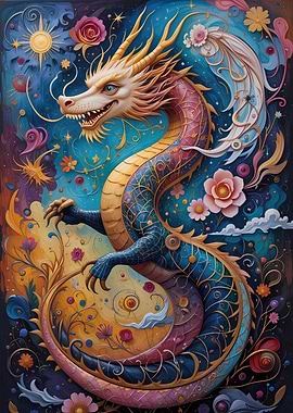 Vibrant Dragon with Floral Background
