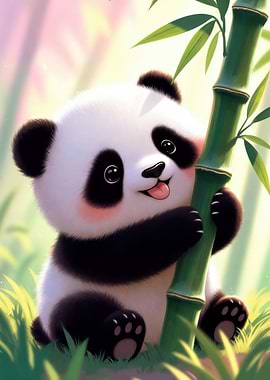 Cute Panda Hugging Bamboo