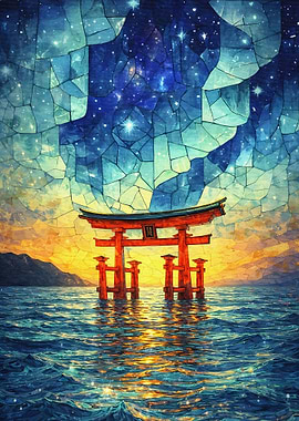 Torii Gate in Water Under Starry Sky