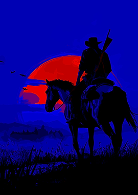 Cowboy on Horse at Sunset