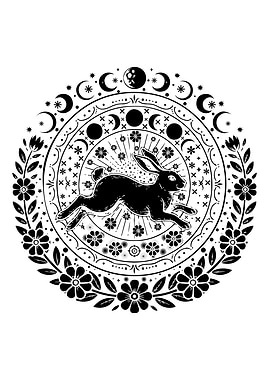 Black Rabbit Mandala with Moon Phases
