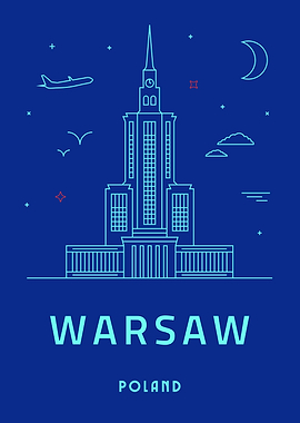 Warsaw Cityscape with Airplane and Moon