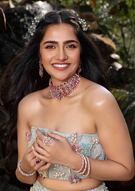 rukmini vasanth in ornate jewelry and floral dress