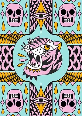Pink Tiger Skull and Eye Pattern