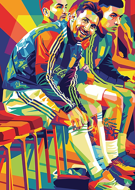 Lionel Messi and teammates in vibrant pop art style