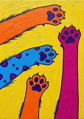 Colorful Cat Paws on Yellow Background