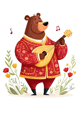 Bear playing a lute in a garden