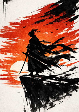 Samurai on Cliff at Sunset
