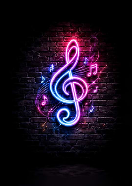 Neon Treble Clef on Brick Wall