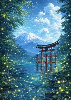 Torii Gate at Mount Fuji with Fireflies