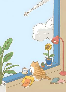 Cat Watching Plane from Window