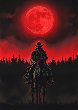 Cowboy on Horse Under Red Moon