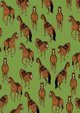 Seamless Pattern of Brown Horses with Saddles