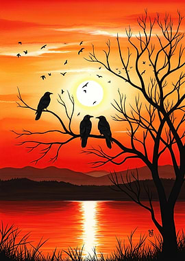 Crows on a Tree at Sunset
