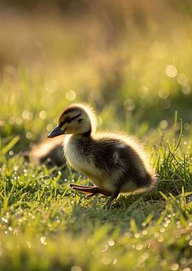 Cute Duckling in Dewy Grass