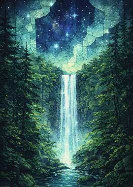 Enchanted Waterfall Under a Starry Sky