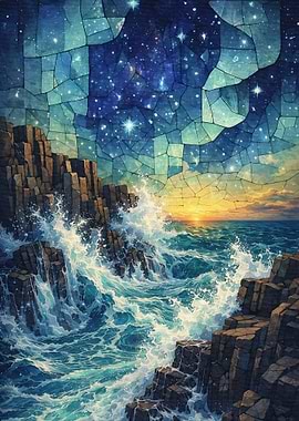 Ocean Waves Crashing on Rocks Under Starry Sky