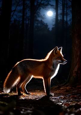 Fox in Moonlight Forest