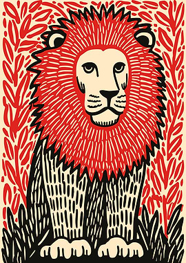 Stylized Lion with Red Mane and Foliage