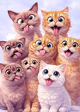 Group of Goofy Cats with Tongues Out
