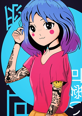 Anime Girl with Tattoos and Blue Hair