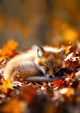 Sleeping Fox in Autumn Leaves