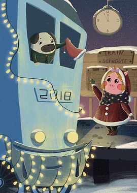 Cute animals at a snowy train station