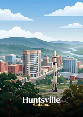 Huntsville Alabama Skyline with Saturn V Rocket