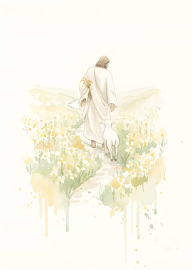 Jesus walking with a lamb