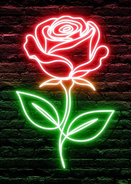 Full Neon Red Rose with Green Leaves on a dark Brick Wall background