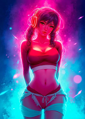 Neon Anime Girl with Headphones