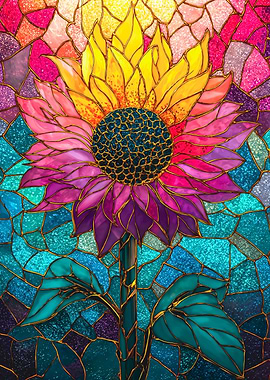 Colorful Stained Glass Sunflower Art