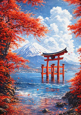 Torii Gate and Mount Fuji in Autumn